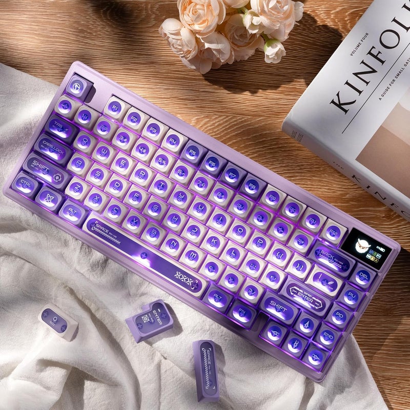 OHY XVX White and Purple Shine Through Keycaps for Mechanical Keyboards - 136 Keys White Translucent Cat Eye Design,Cherry MAX Profile, PC+PBT Frosted RGB Keycaps - Image 5